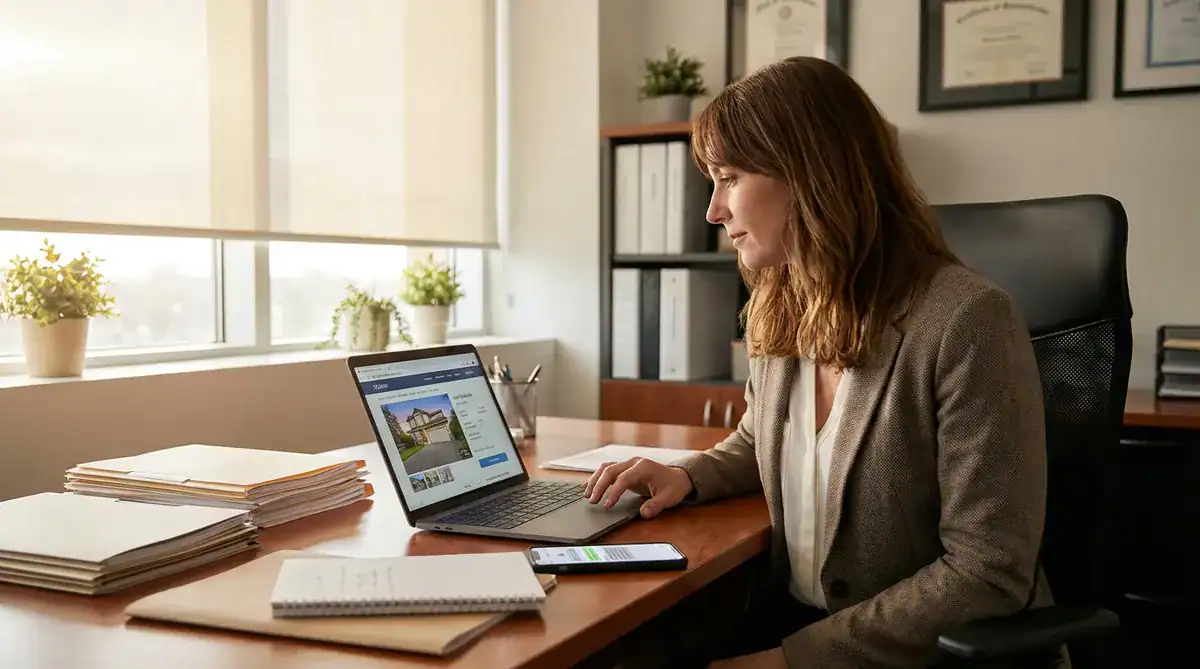 Professional woman at a desk working on a laptop in a bright office