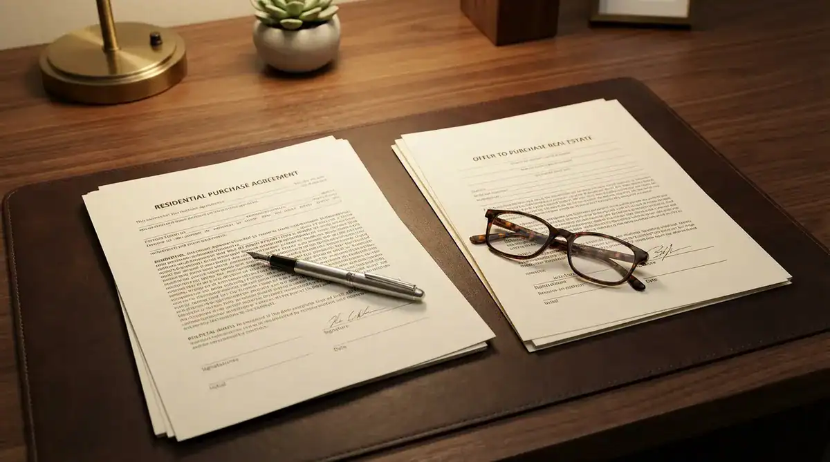 Two contracts on a leather desk mat with a pen and glasses nearby, plant and lamp in the background