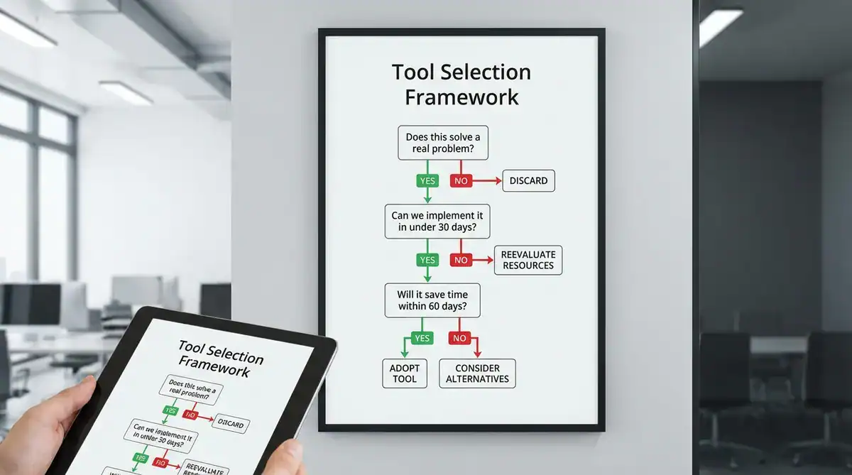 Framed Tool Selection Framework poster on a wall with a tablet showing the same chart in an office setting