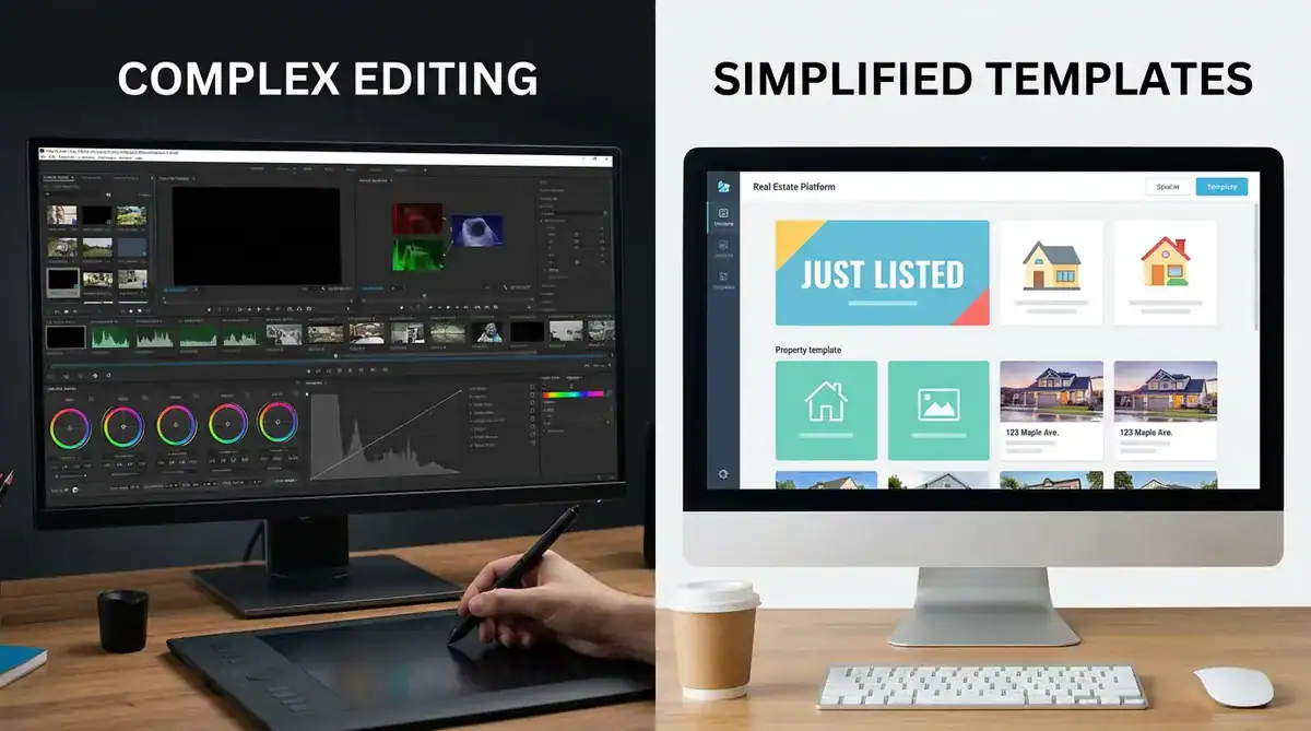 Two-panel banner showing complex editing on left and simplified templates on right.