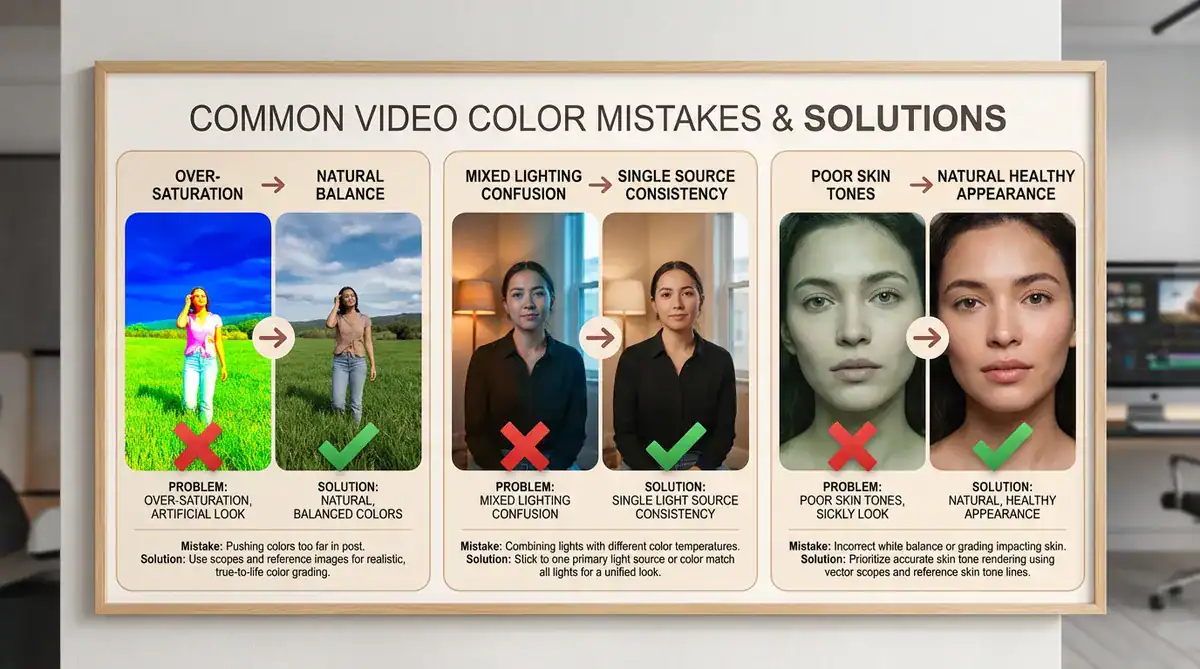 Framed infographic detailing five video color mistakes and fixes.