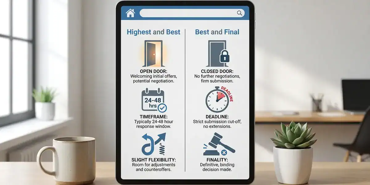Smartphone on a desk displaying Highest and Best vs Best and Final negotiation options
