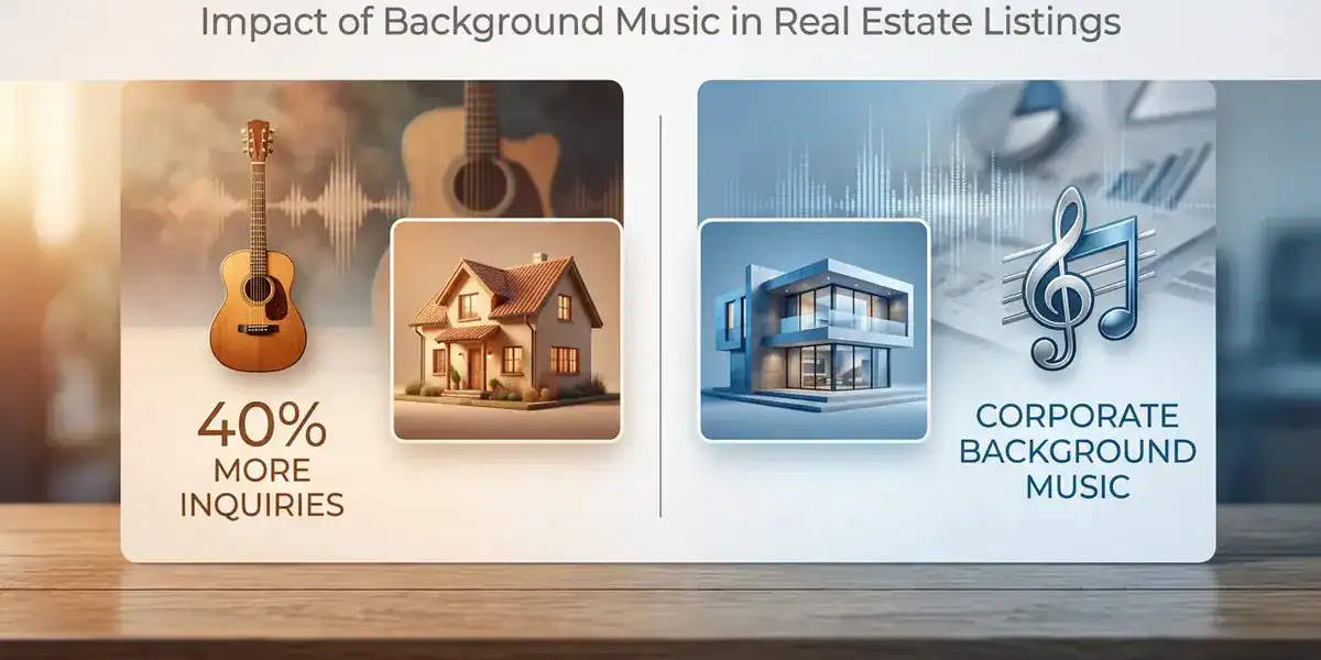 Split-panel banner: left shows guitar and house with 40% more inquiries; right shows a modern building with a music 