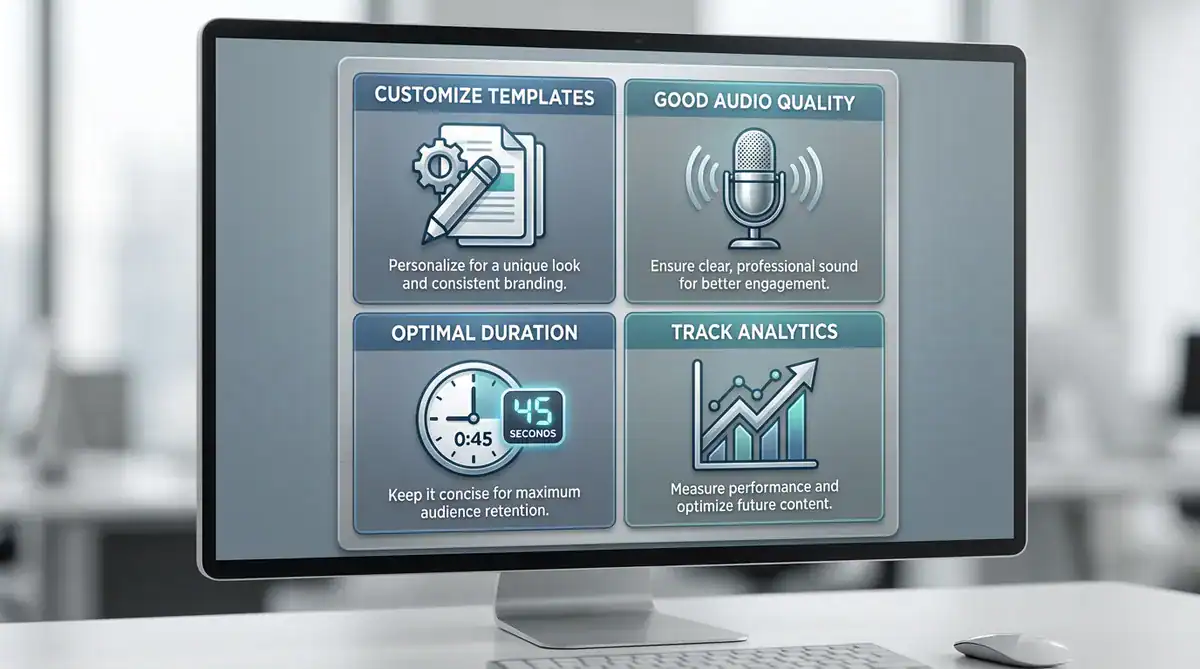 Monitor with a four-panel dashboard showing templates, audio quality, duration, and analytics icons.